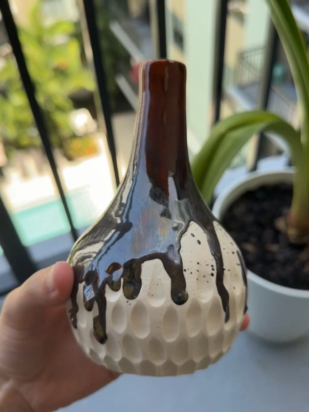 Handcrafted Ceramic Drip Vase in Brown and Cream Base
